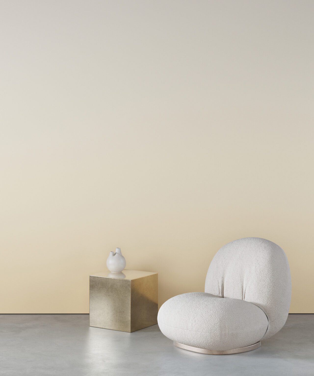 white and orange ombre wallpaper, white accent chair and metallic side table