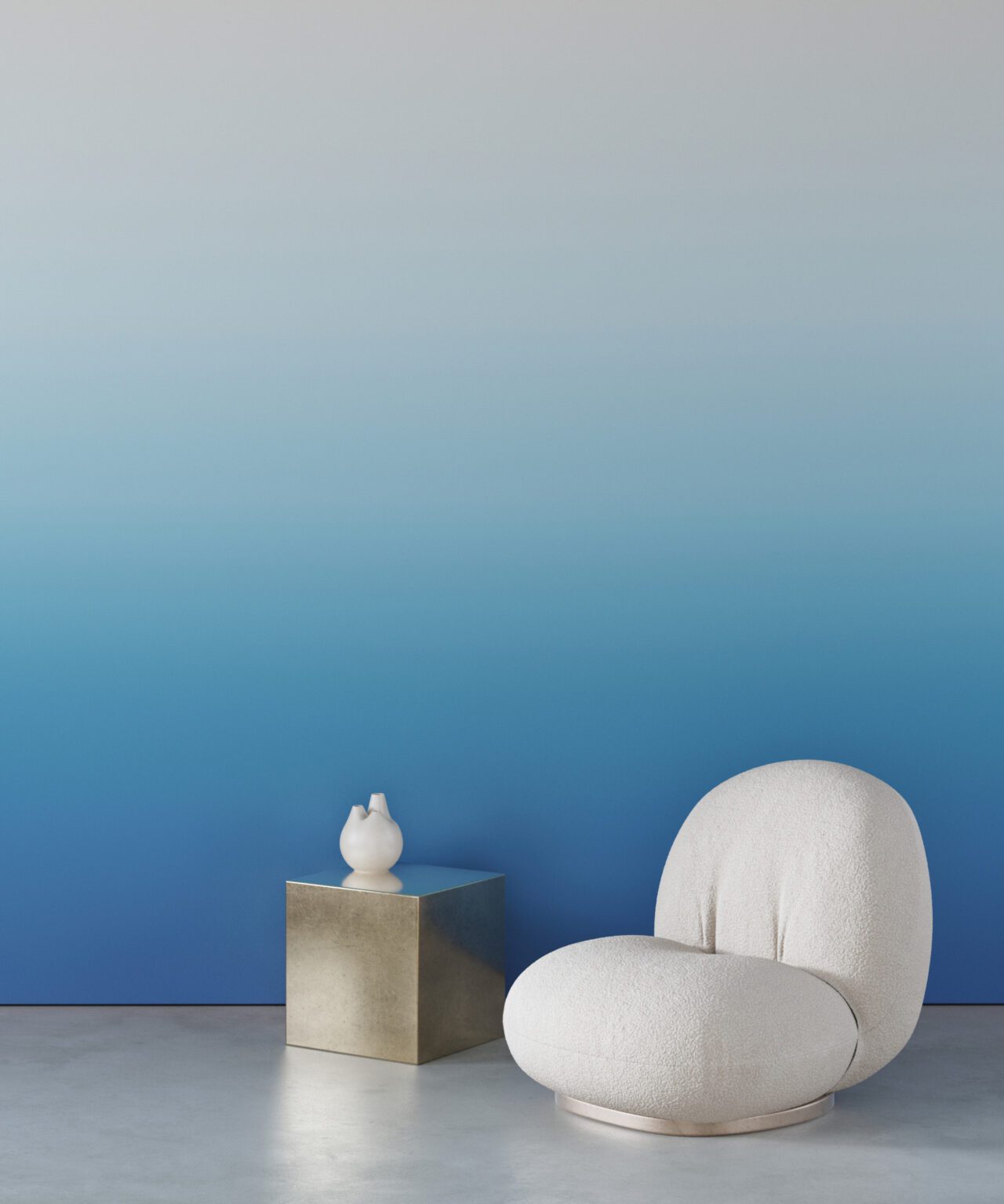 white and grey to a medium blue ombre, white accent chair and metallic side table