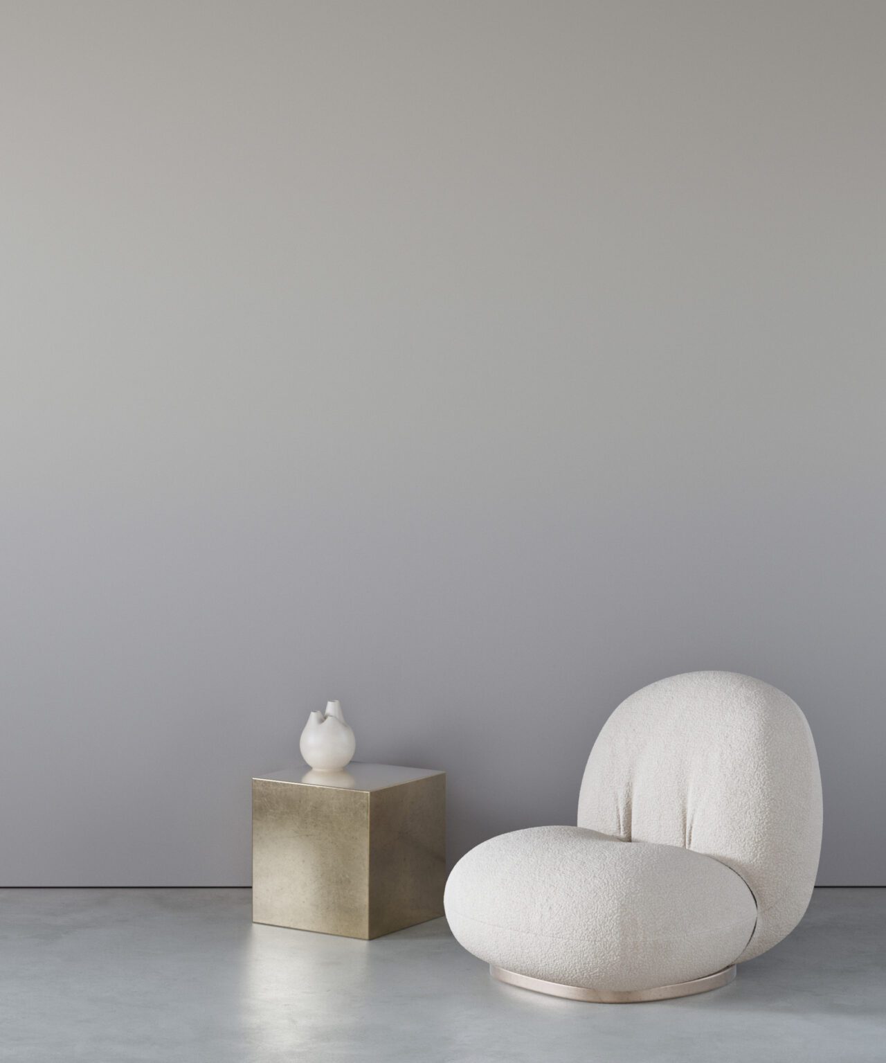 grey ombre, white accent chair and metallic side table