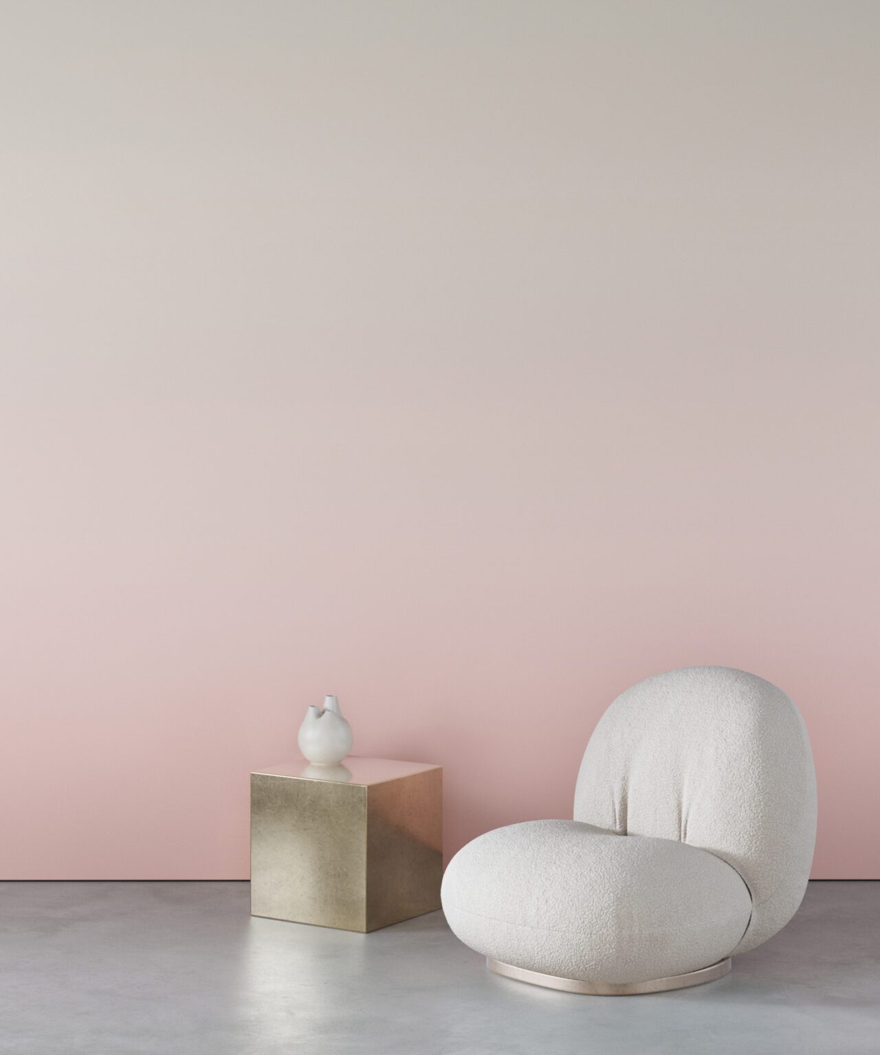 pink ombre, white accent chair and metallic side table