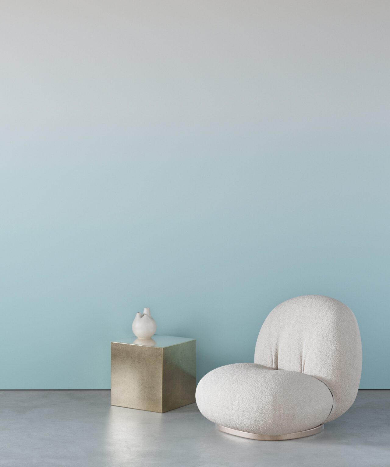 white and light blue ombre white chair with metallic side table