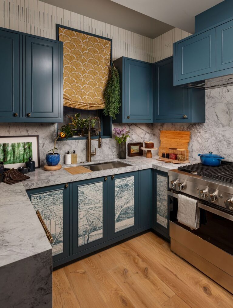 Blue cabinets, blue and white wallpaper front