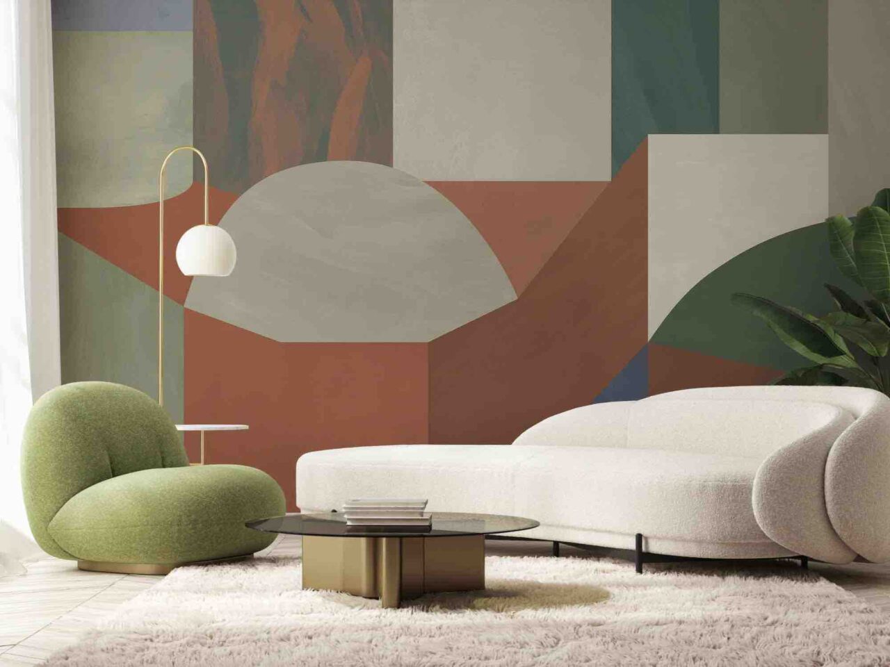 Rust and green-toned wallpaper staged in a living room setting.