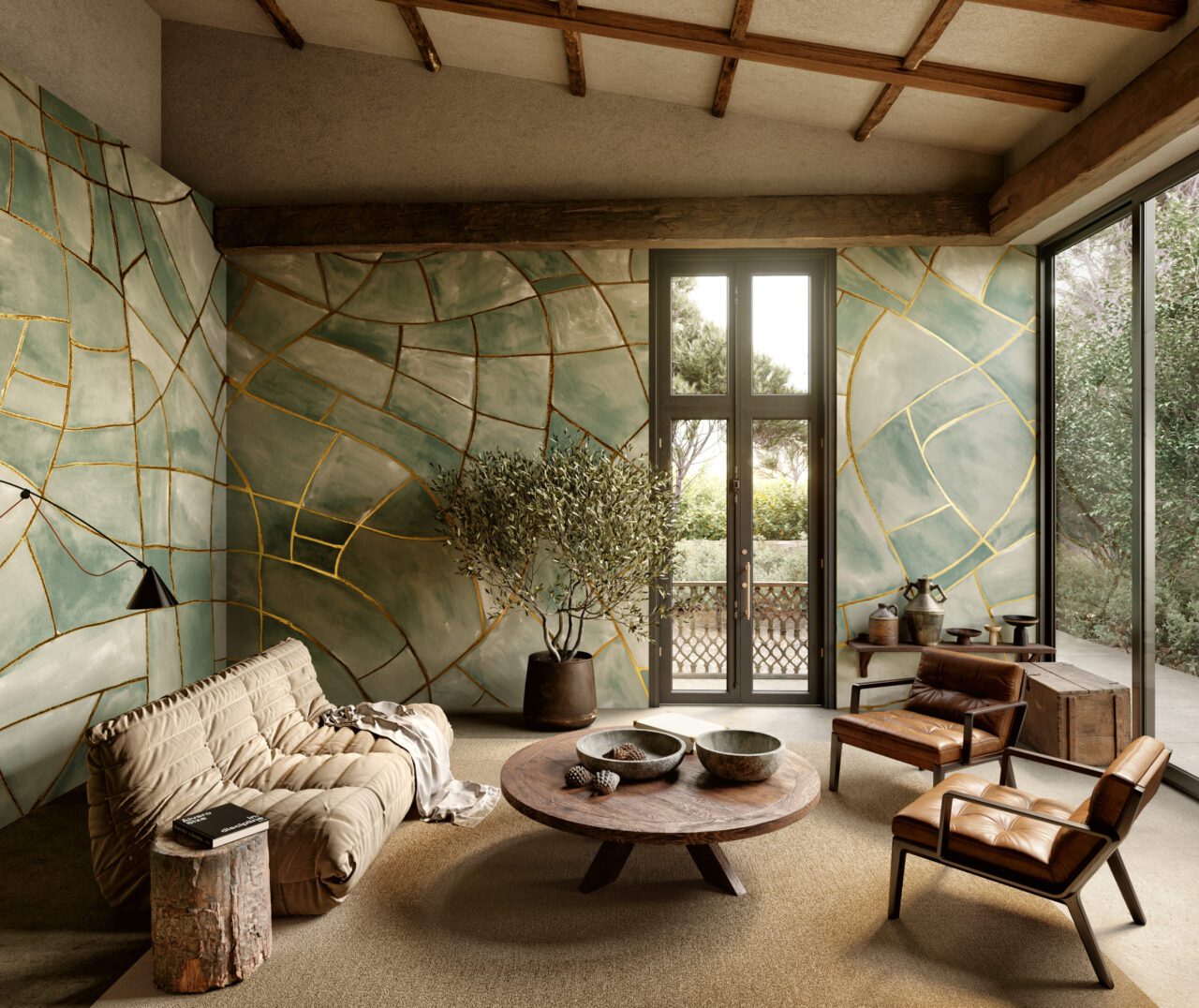 living room with abstract geometric wallpaper, couch with coffee table and two chairs